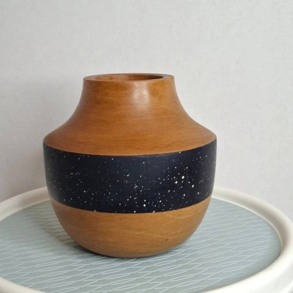 West Elm Turned Mango Wood Vase Brown Excellent Black Speckl Band Trim MCM Decor